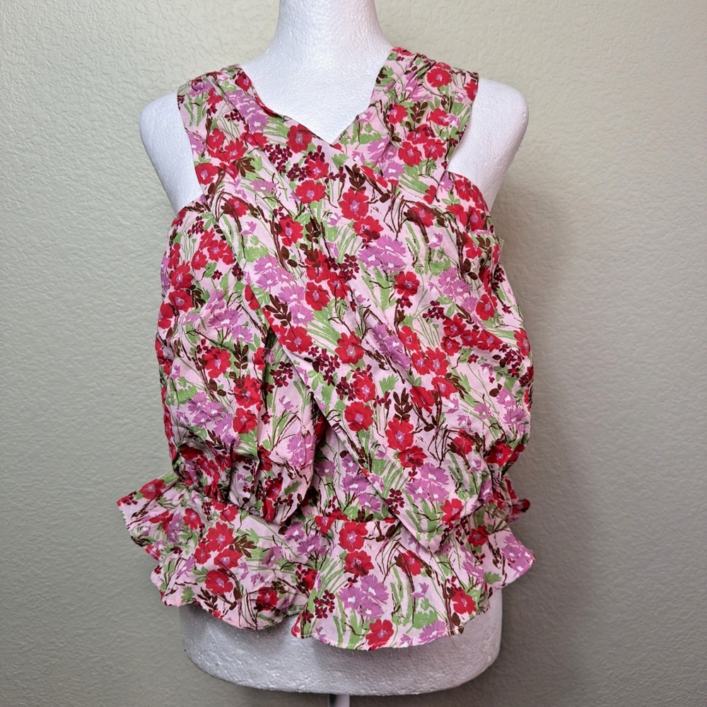 Sugarlips Pink Floral Top Large NWT Dione Cross Front Peplum Summer Boho Blouse